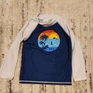 Flap Happy Blue and White Rashguard with Tropical Graphic 3T